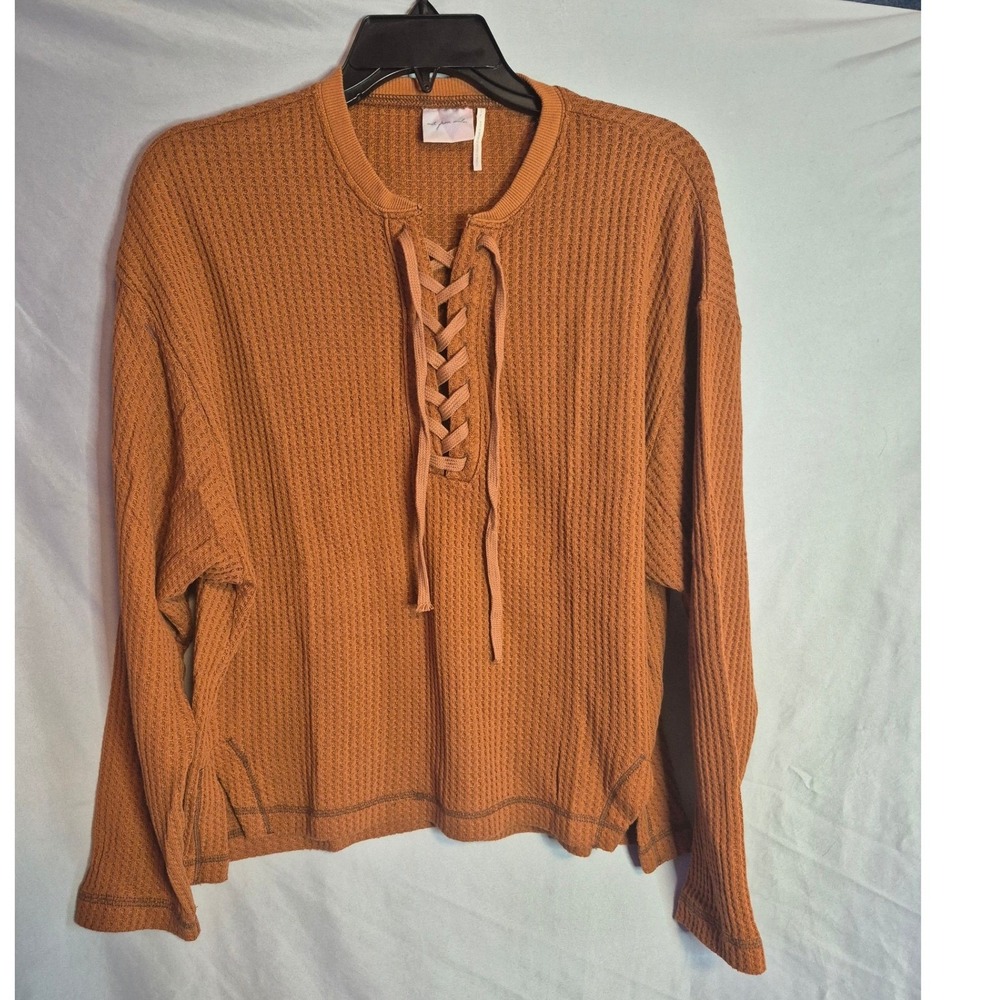 Out From Under Womens Brown Waffle Knit Long Sleeve Lace Up Pullover Top